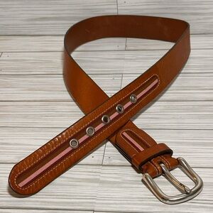 Fossil Brown Leather Belt Striped Grossgrain Ribbon Details Silvertone Hardware